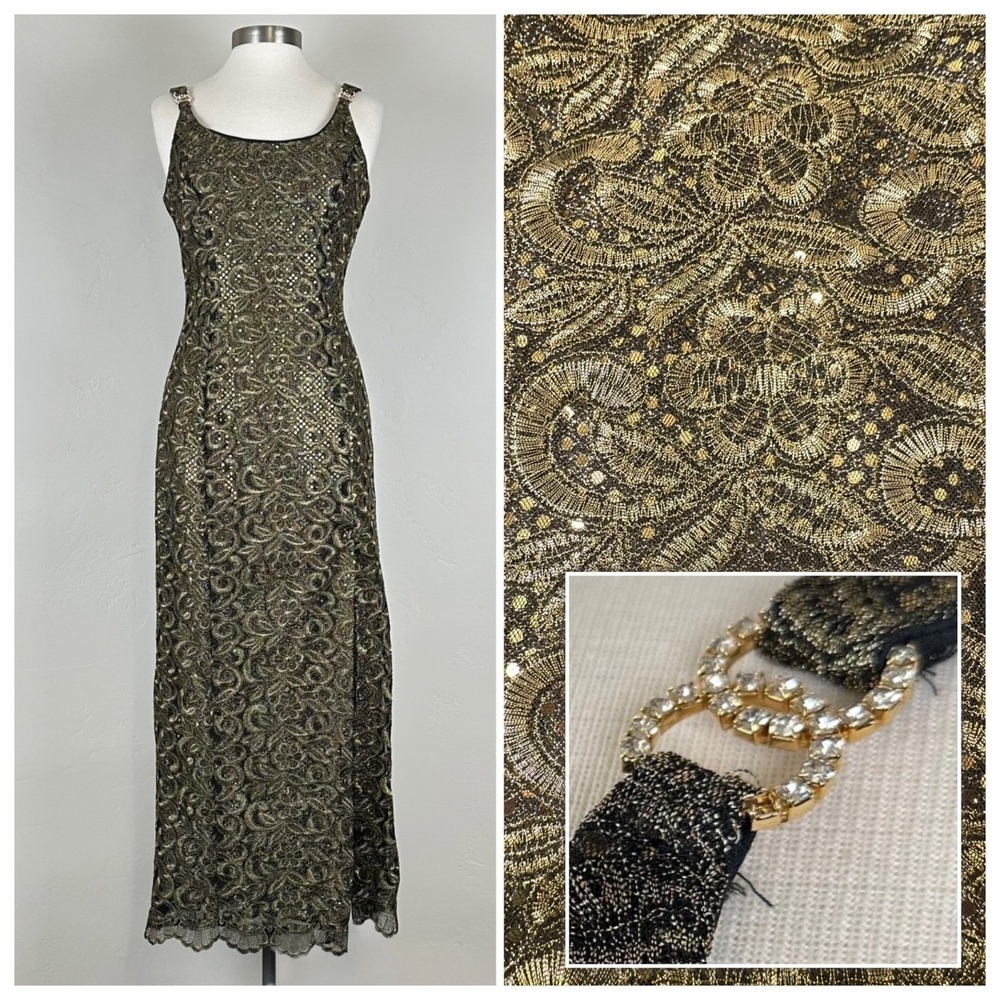 Formal Evening Maxi Dress Sz Medium Floral Metallic Embroidered Overlay Sequin